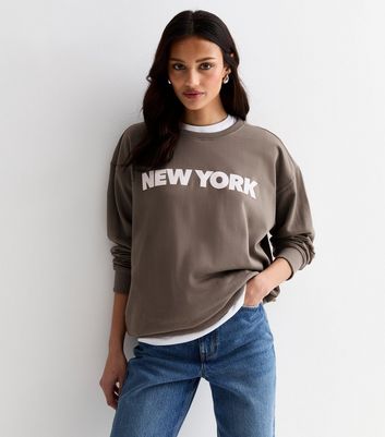 Brown Cotton New York Print Crew Neck Sweatshirt New Look
