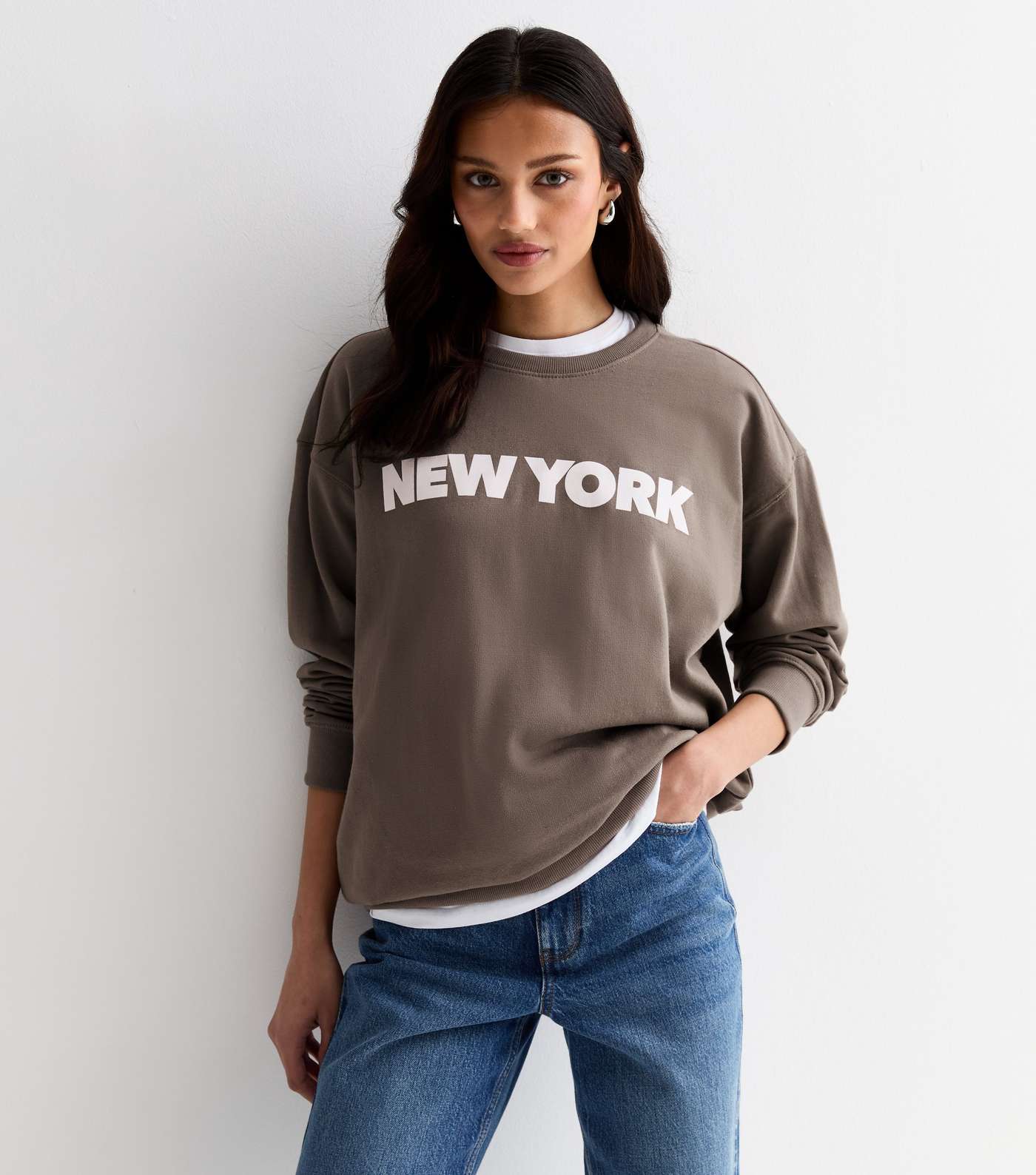 Brown Cotton New York Print Crew Neck Sweatshirt Image 2