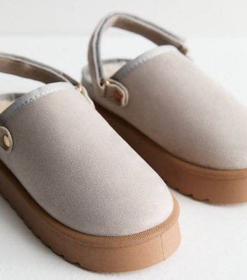 Grey Back Strap Faux Fur Lined Mule Slippers New Look