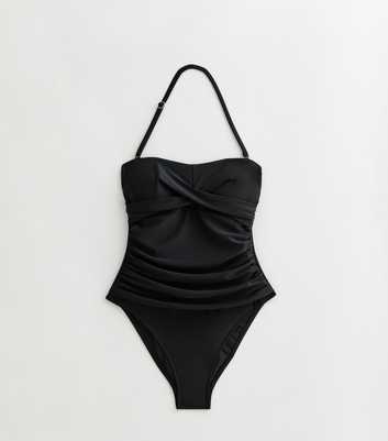 Black Ruched Removable Strap Square Neck Swimsuit 