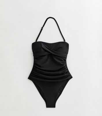 Black Ruched Removable Strap Square Neck Swimsuit New Look