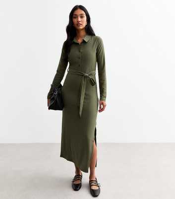 Khaki Crinkled Midi Shirt Dress