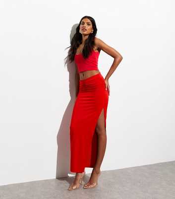Red Ruched Midi Skirt