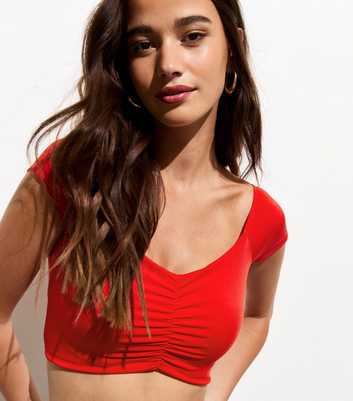 Red Ruched Short-Sleeve Crop Top 