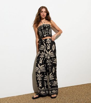 Black Satin Tropical Print Wide Leg Trousers New Look