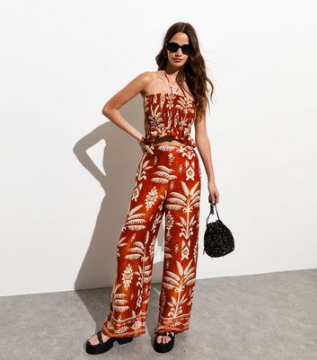 Rust Tropical Print Satin Wide Leg Trousers New Look