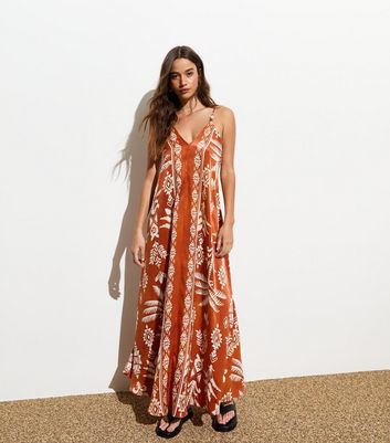 Rust Abstract Print Strappy Maxi Dress | New Look