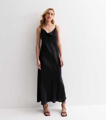 Black Strappy Satin Cowl Neck Midi Dress 