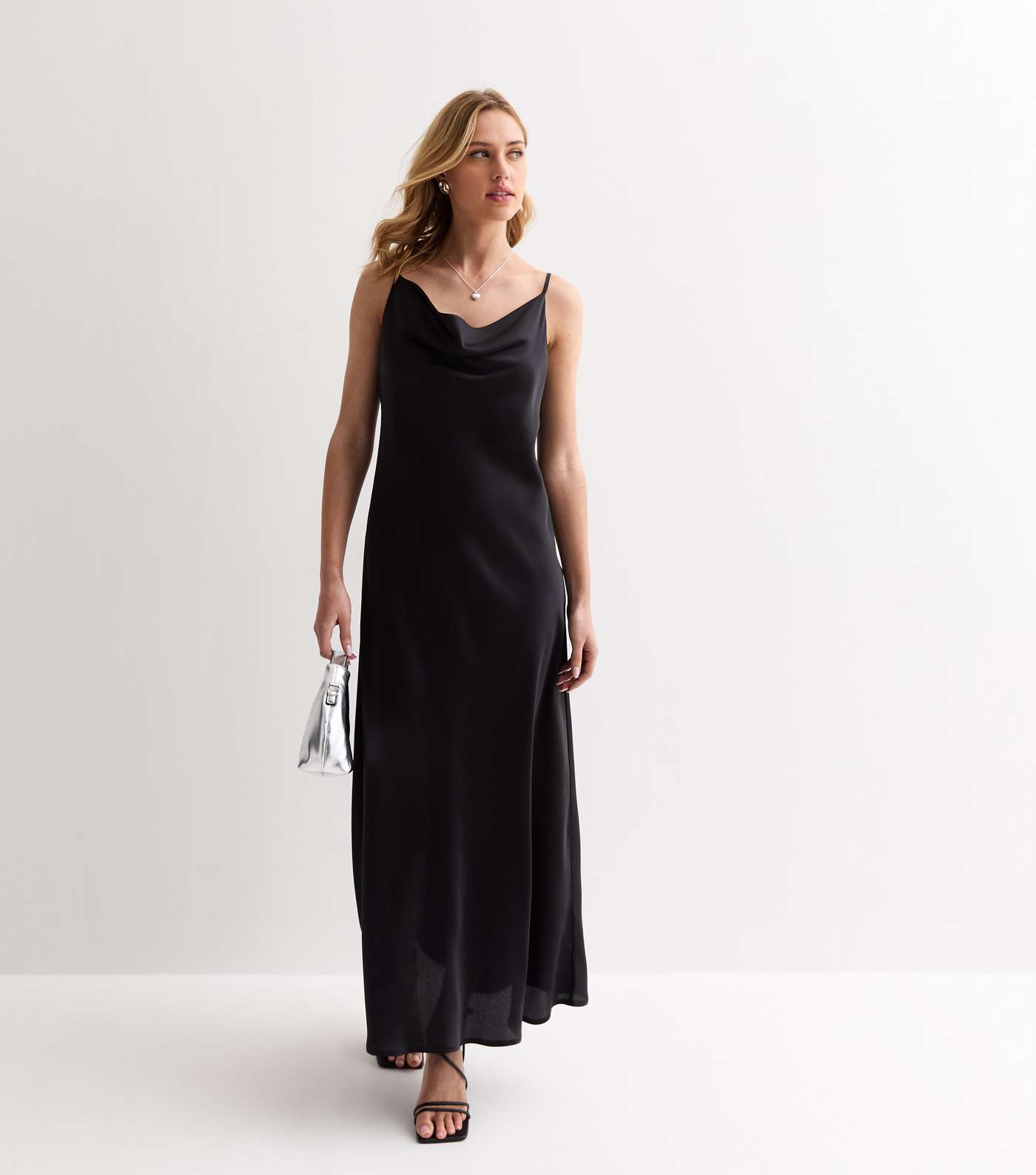 Black Strappy Satin Cowl Neck Midi Dress Image 3