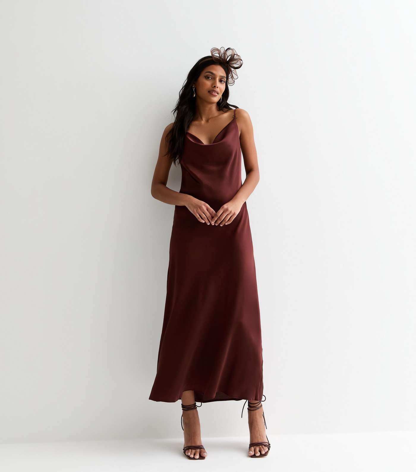 Dark Brown Strappy Satin Cowl Neck Midi Dress Image 3