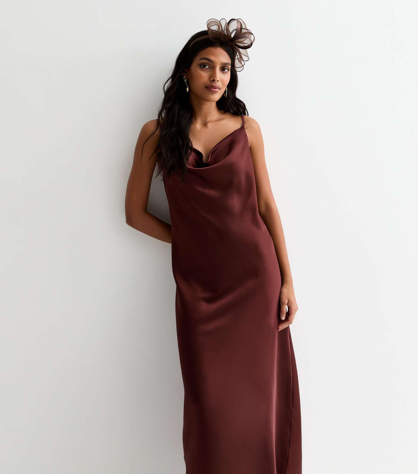 Dark Brown Strappy Satin Cowl Neck Midi Dress Image 5