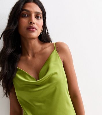 Light Green Strappy Satin Cowl Neck Midi Dress