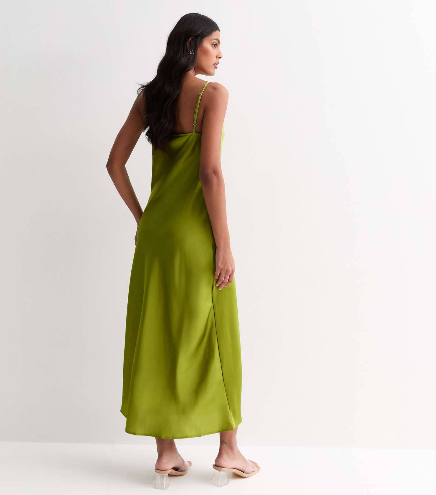Light Green Strappy Satin Cowl Neck Midi Dress Image 4