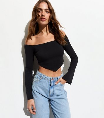 Black Long Sleeve Bardot Crop Top New Look