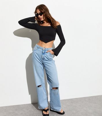 Black Long Sleeve Bardot Crop Top New Look