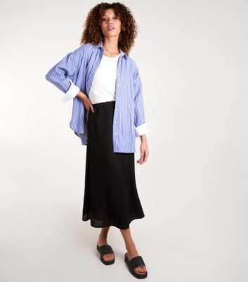 Blue Vanilla Black Cotton-Blend Bias Cut Midi Skirt