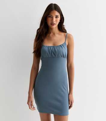 Blue Ribbed Stretch-Cotton Mini Dress