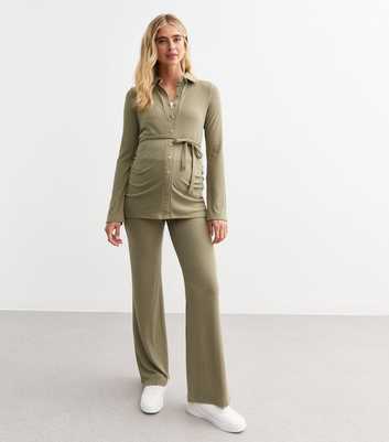 Maternity Khaki  Ribbed Wide Leg Trousers