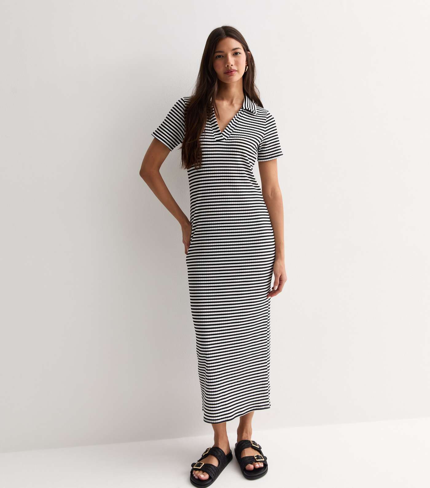 White Stripe Ribbed Collared Midi Dress Image 3