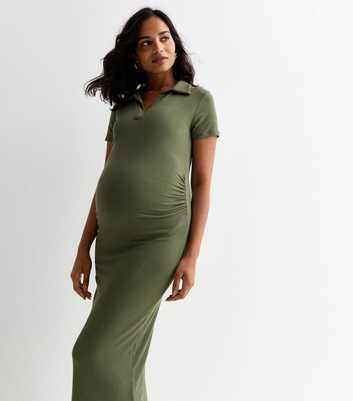 Maternity Green Ribbed Open-Collar Midi Dress