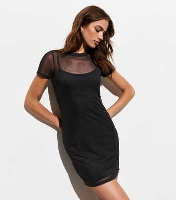 Black Short-Sleeve Mesh Mini Dress