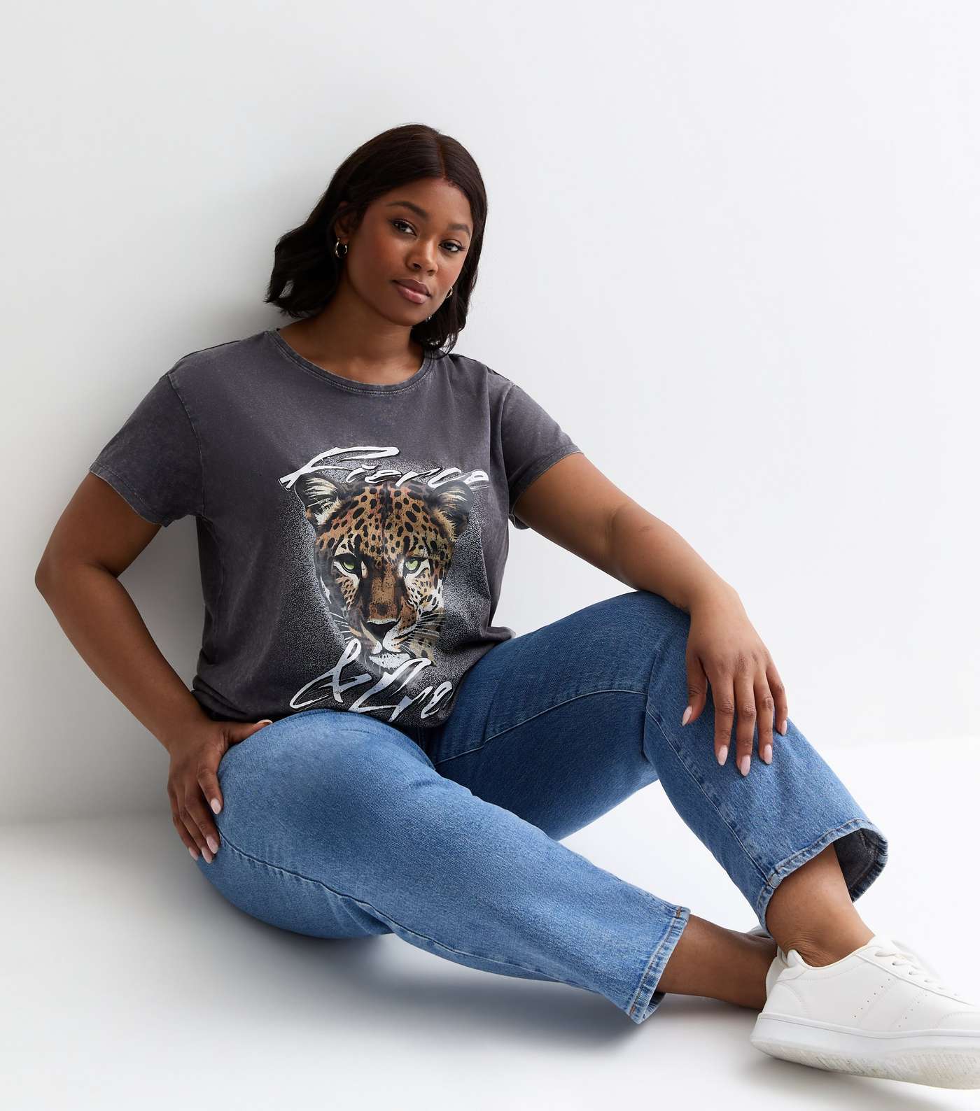 Curves Dark Grey Acid Wash Cotton Fierce & Free Leopard Print T-Shirt Image 3