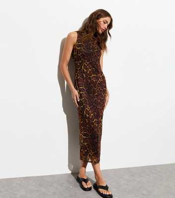 Brown Leopard-Print Sleeveless Mesh Midi Dress