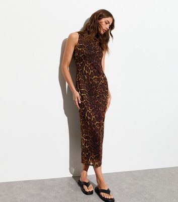 Brown Leopard Print Sleeveless Mesh Midi Dress New Look