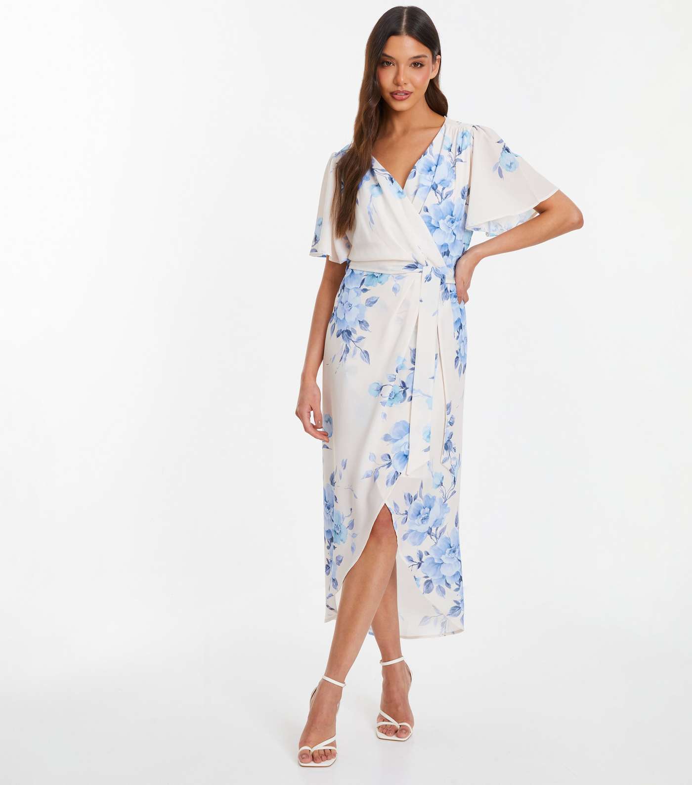 QUIZ White Floral Print Wrap Midi Dress