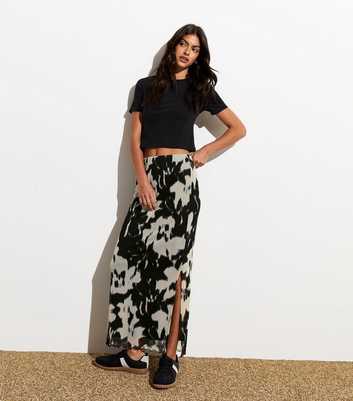Black Floral Frill Trim Slitted Stretch Mesh Midi Skirt 