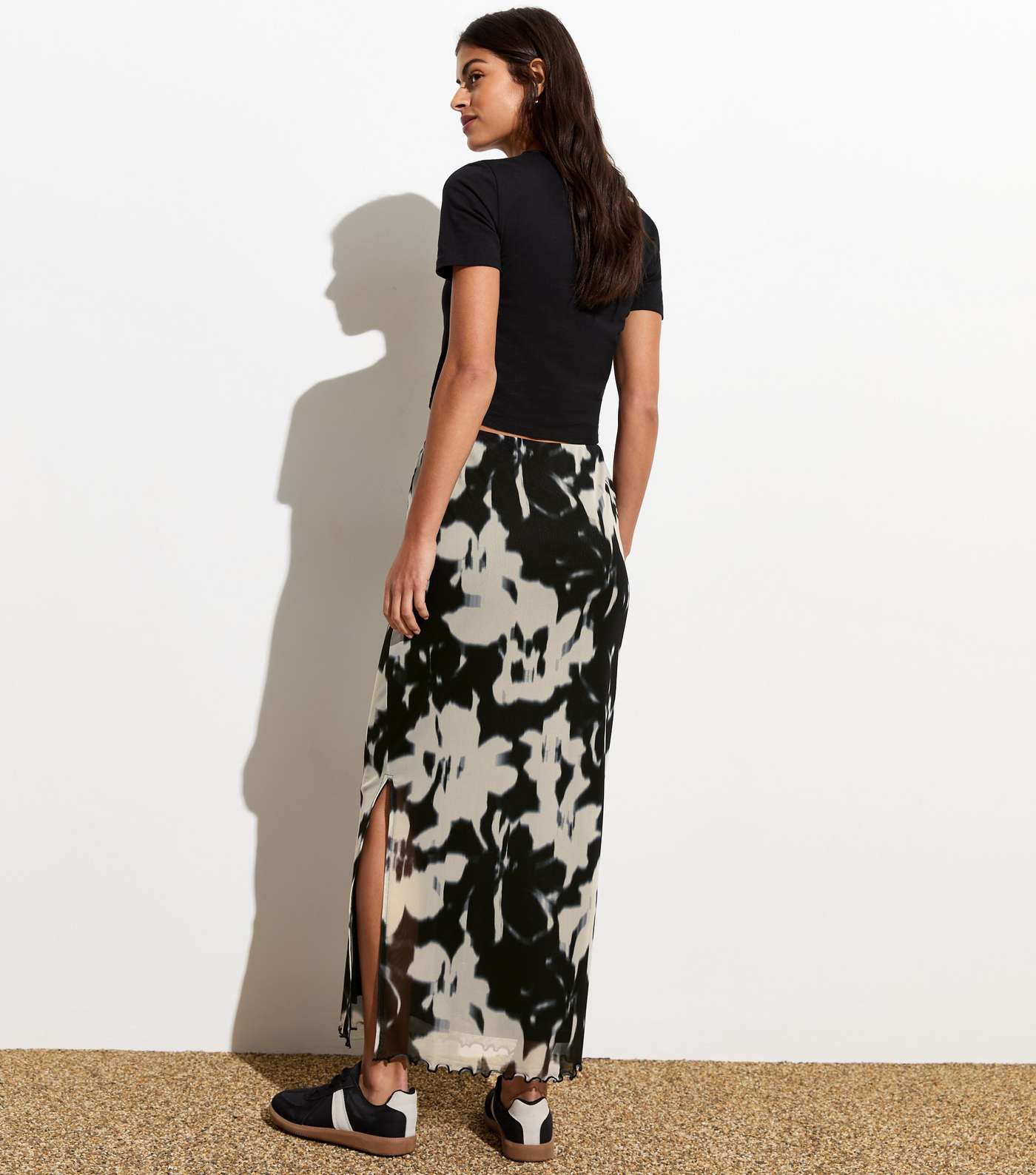Black Floral Frill Trim Slitted Stretch Mesh Midi Skirt  Image 4