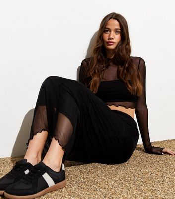 frill detail long mesh skirt