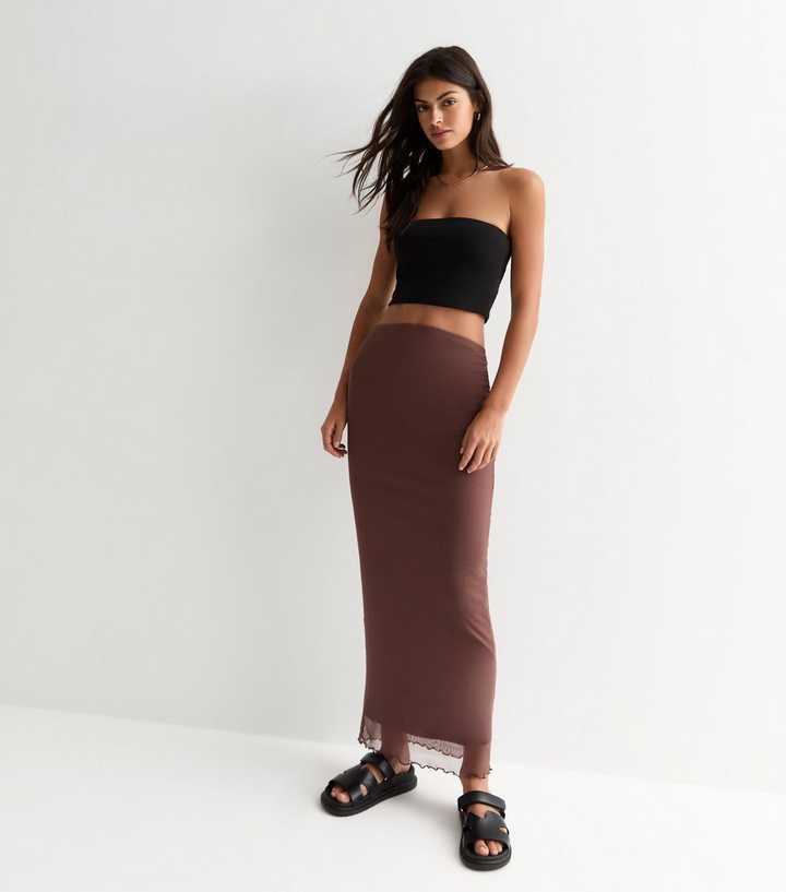 Rust Mesh Frill Hem Maxi Skirt