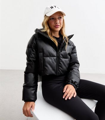 Black faux leather hooded jacket on sale