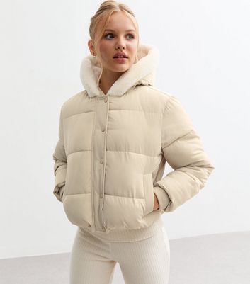 Girls Off White Faux Fur Lined Puffer Coat New Look