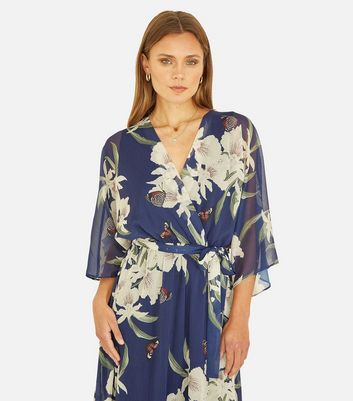 Yumi Navy Floral Chiffon Dip Hem Wrap Midi Dress | New Look