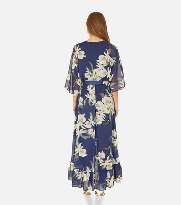 Yumi Navy Floral Chiffon Dip Hem Wrap Midi Dress | New Look