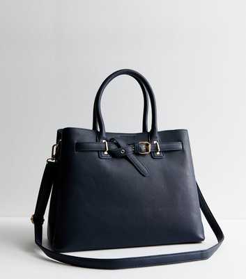 Navy Triple Compartment Buckle Tote Bag