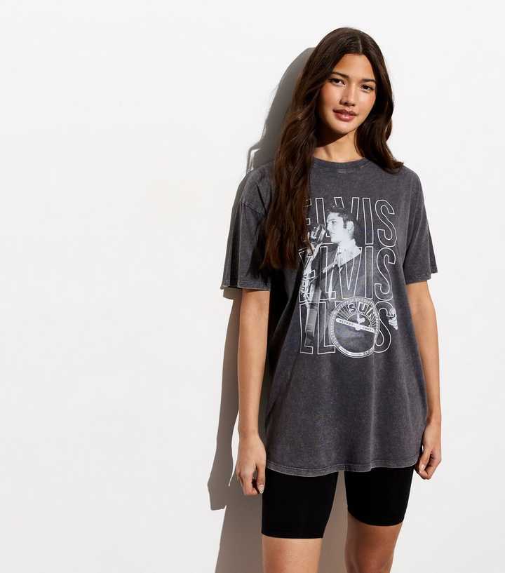Dark Grey Cotton Acid Wash Elvis Print Oversized T-Shirt