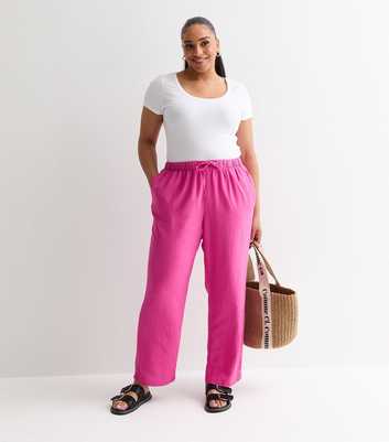 ONLY Curves Pink Drawstring Linen-Blend Trousers