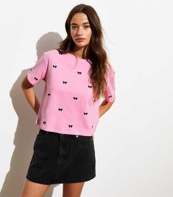 Pink Cotton Bow-Embroidered Boxy T-Shirt