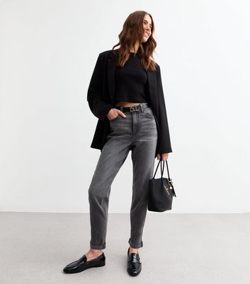 Grey Cropped Leg Mid Rise Denim Mom Jeans New Look