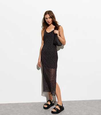 Black Polka-Dot Mesh Strappy Midi Slip Dress