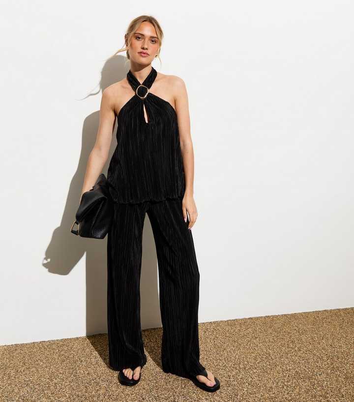 Black Plisse-Pleated Wide Leg Trousers