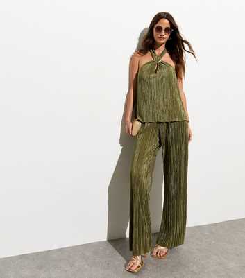 Olive Plisse-Pleated Wide Leg Trousers