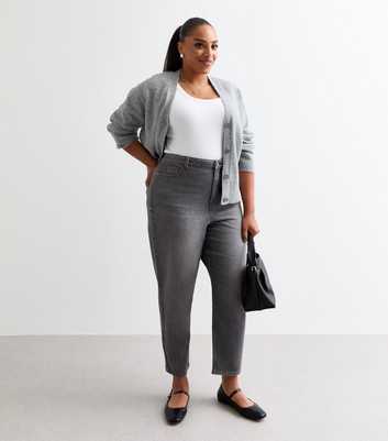 Curves Grey High Waist Tapered Mom Jeans 