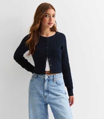 Girls Blue Cotton Cable Knit Crew Neck Cardigan