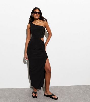 Black One Shoulder Cut Out Midi Dress New Look