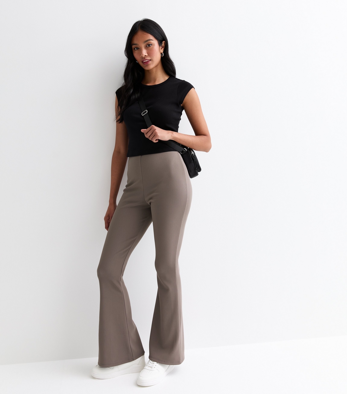 Women's Dark Grey Ribbed Flared Trousers New Look