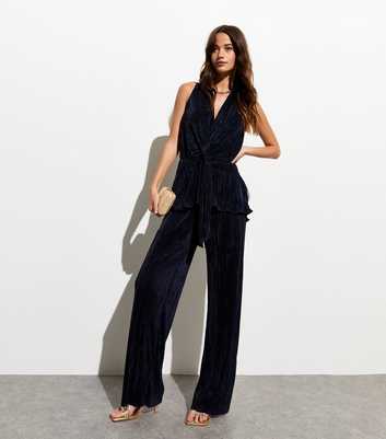 Navy Pleated Wide-Leg Trousers